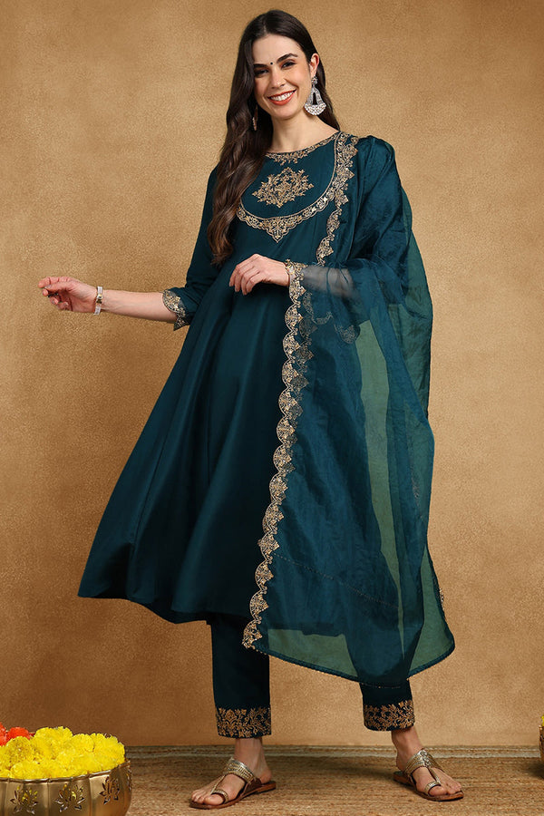 Teal Blue Silk Blend Solid Embroidered Anarkali Suit Set With Trouser Bottom PKSKD2735