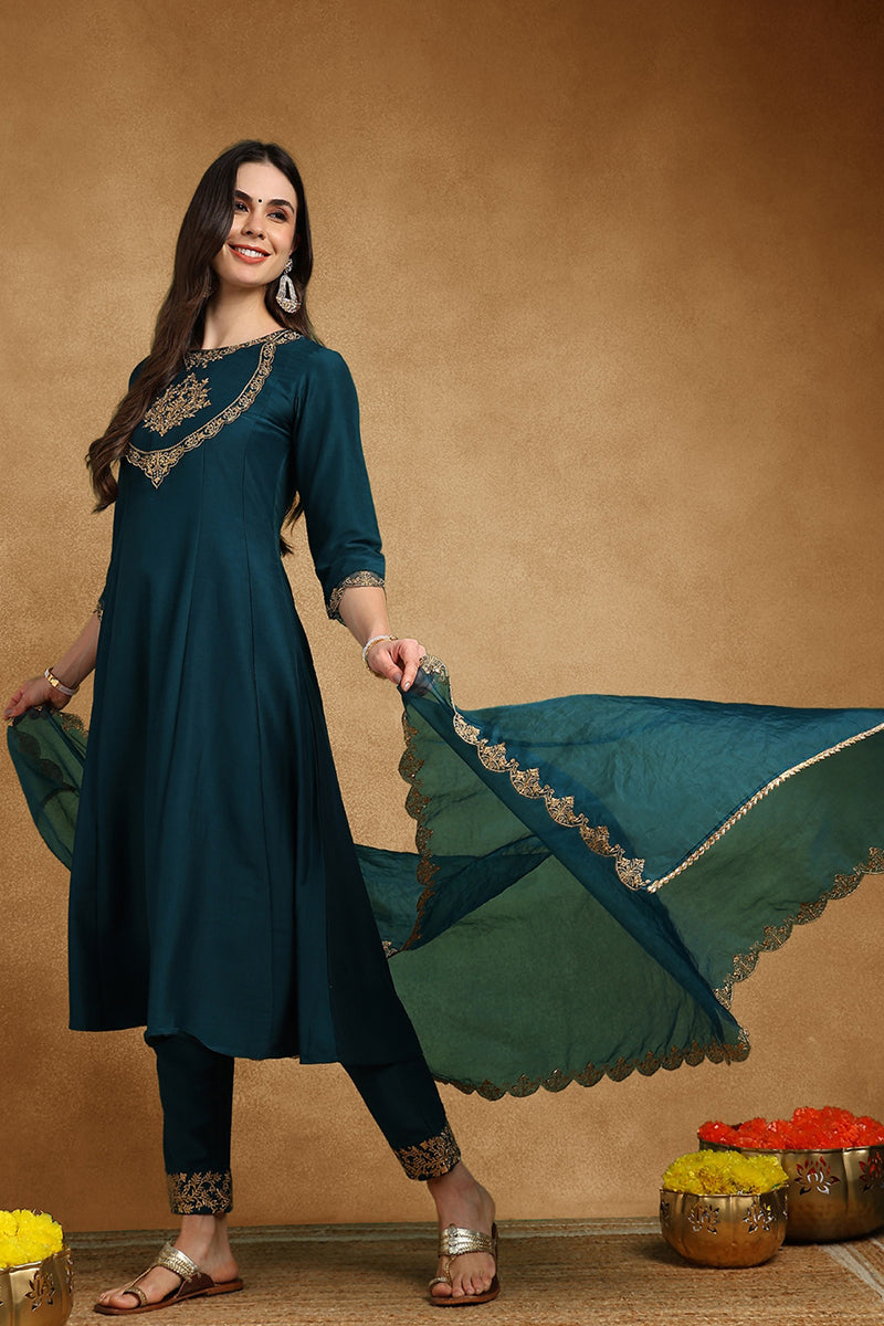 Teal Blue Silk Blend Solid Embroidered Anarkali Suit Set With Trouser Bottom PKSKD2735
