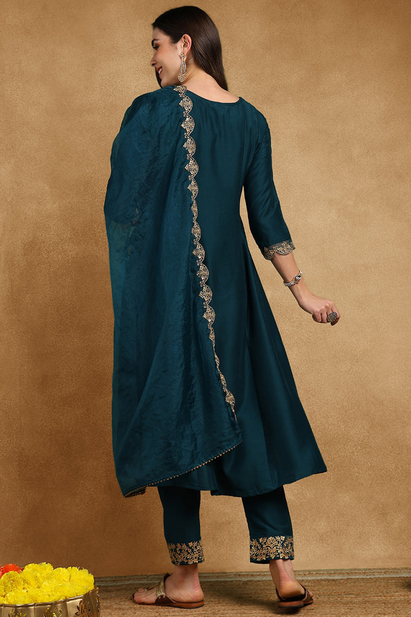 Teal Blue Silk Blend Solid Embroidered Anarkali Suit Set With Trouser Bottom PKSKD2735