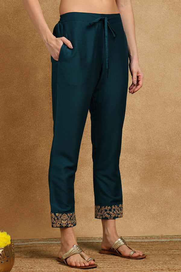 Teal Blue Silk Blend Solid Embroidered Anarkali Suit Set With Trouser Bottom PKSKD2735