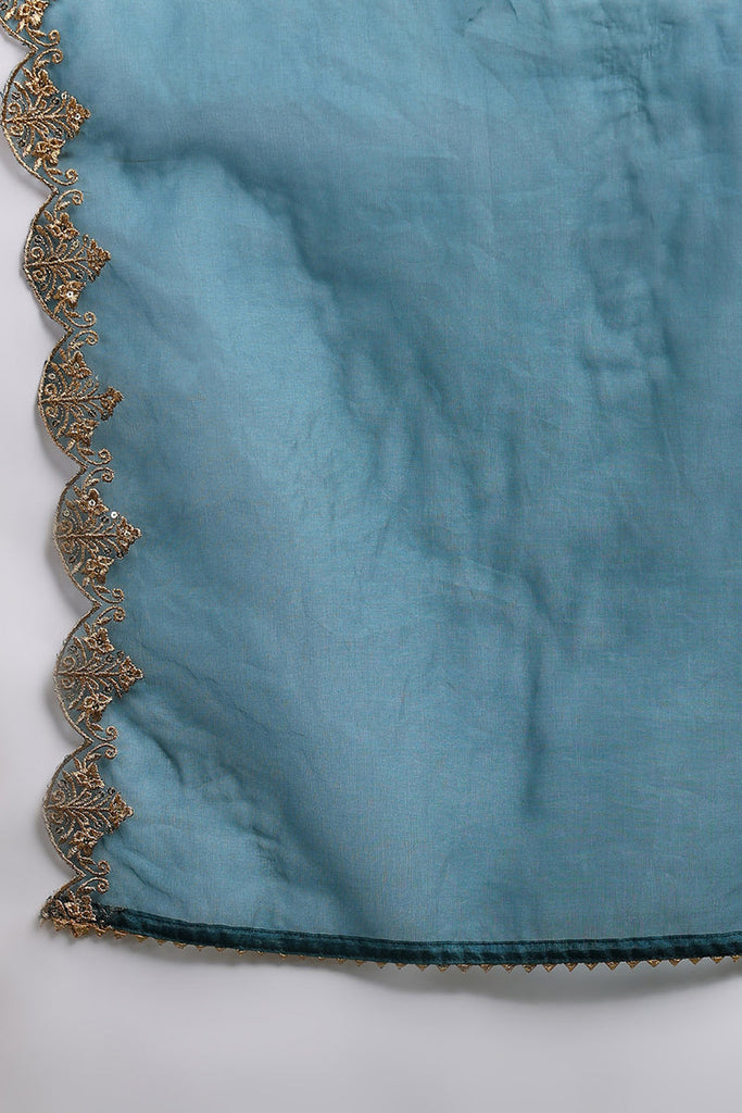 Teal Blue Silk Blend Solid Embroidered Anarkali Suit Set With Trouser Bottom PKSKD2735