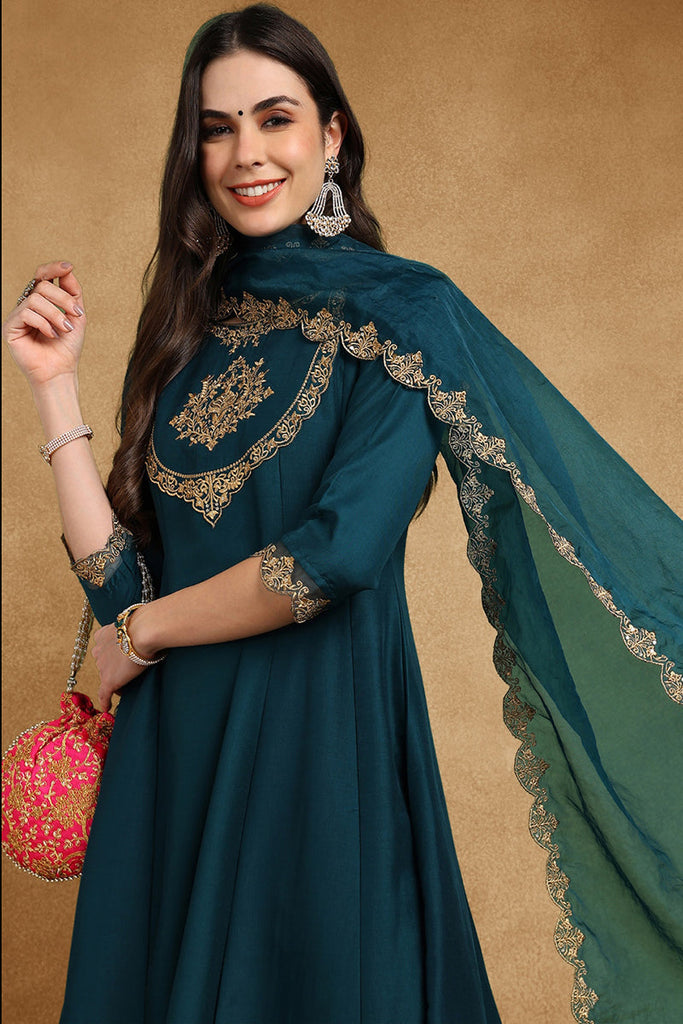 Teal Blue Silk Blend Solid Embroidered Anarkali Suit Set With Trouser Bottom PKSKD2735
