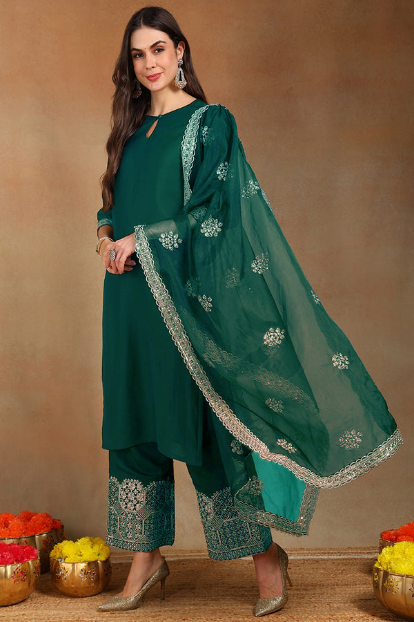 Green Silk Blend Solid Straight Suit Set With Palazzo Style Bottom PKSKD2743