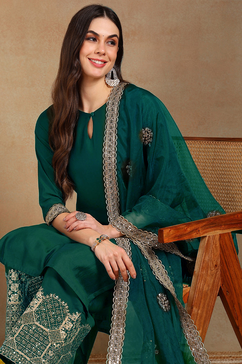 Green Silk Blend Solid Straight Suit Set With Palazzo Style Bottom PKSKD2743