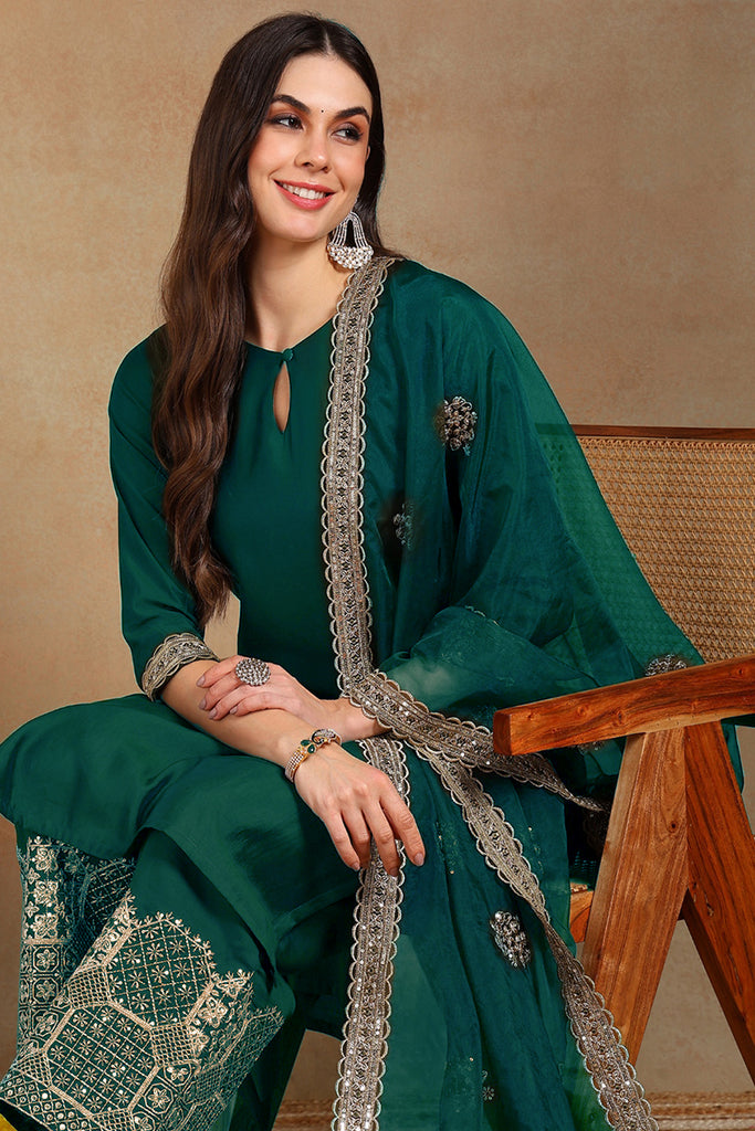Green Silk Blend Solid Straight Suit Set With Palazzo Style Bottom PKSKD2743