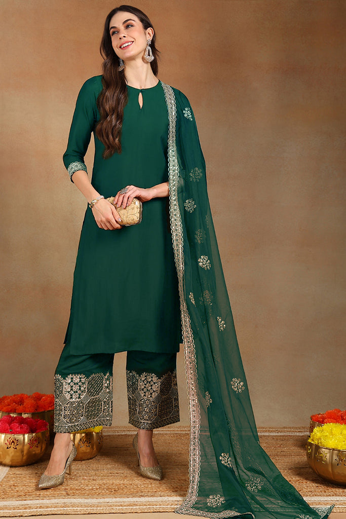 Green Silk Blend Solid Straight Suit Set With Palazzo Style Bottom PKSKD2743