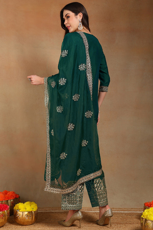 Green Silk Blend Solid Straight Suit Set With Palazzo Style Bottom PKSKD2743