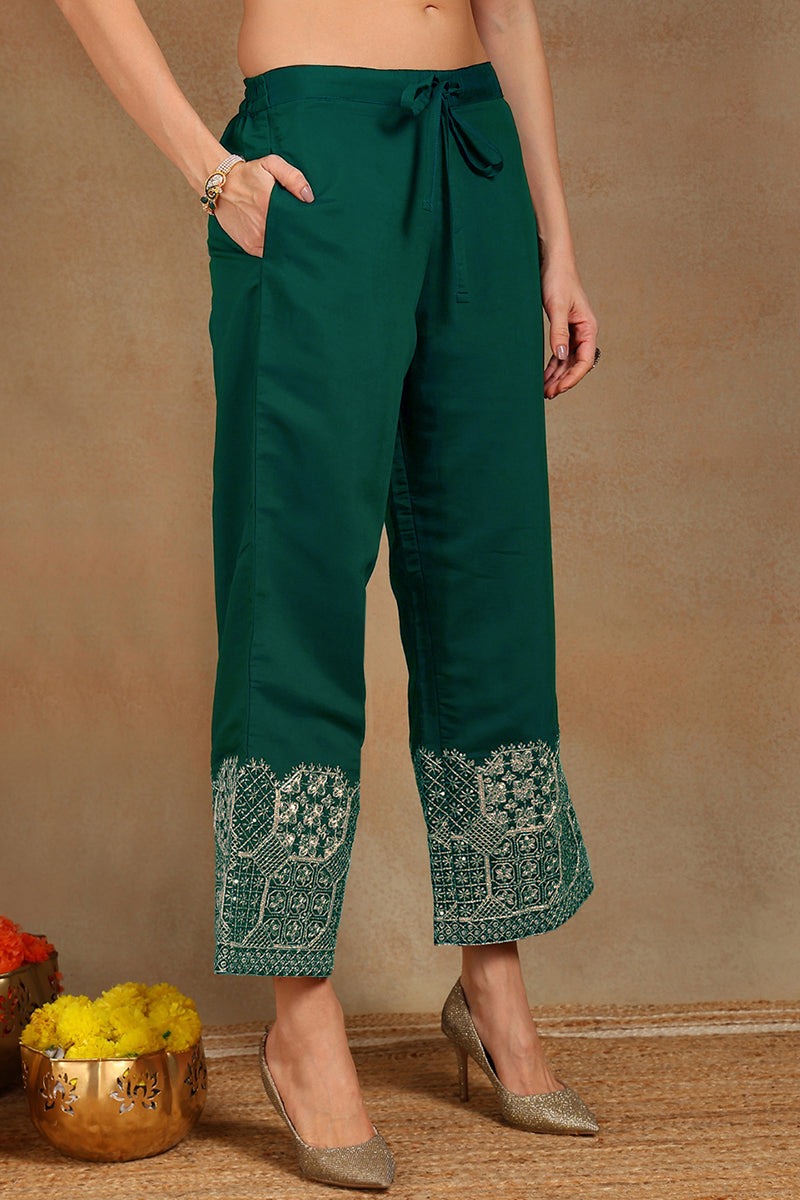 Green Silk Blend Solid Straight Suit Set With Palazzo Style Bottom PKSKD2743