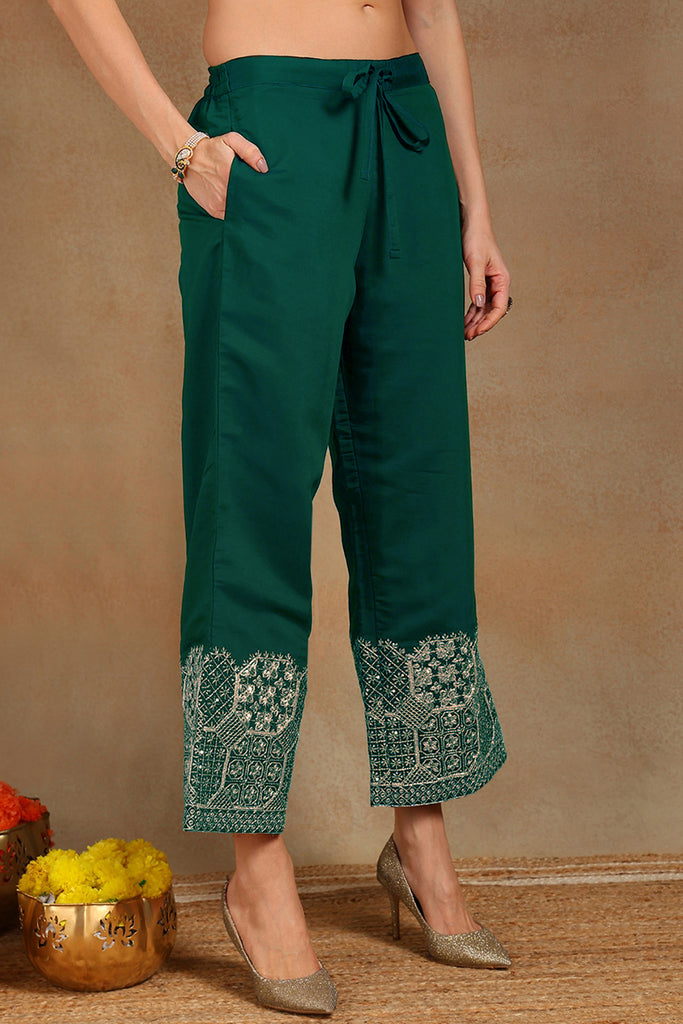 Green Silk Blend Solid Straight Suit Set With Palazzo Style Bottom PKSKD2743