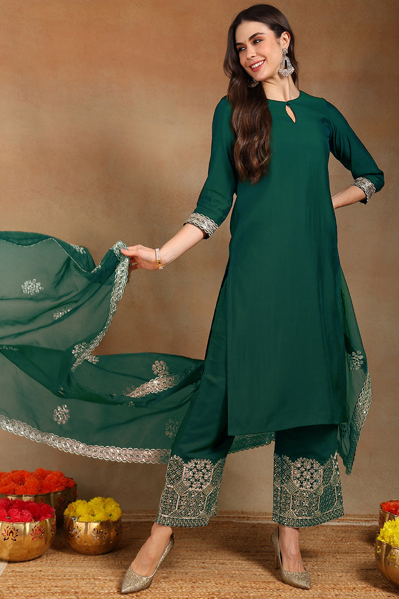 Green Silk Blend Solid Straight Suit Set With Palazzo Style Bottom PKSKD2743
