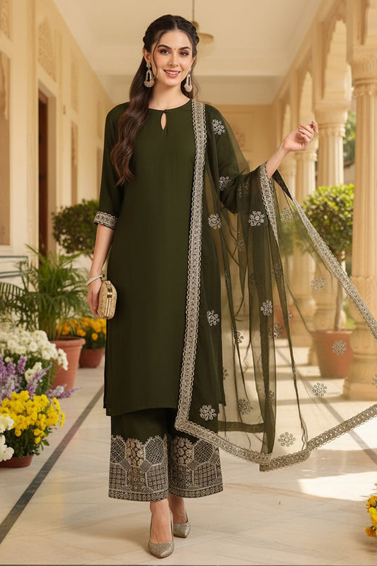 Olive Green Silk Blend Solid Straight Suit Set With Palazzo Style Bottom PKSKD2744