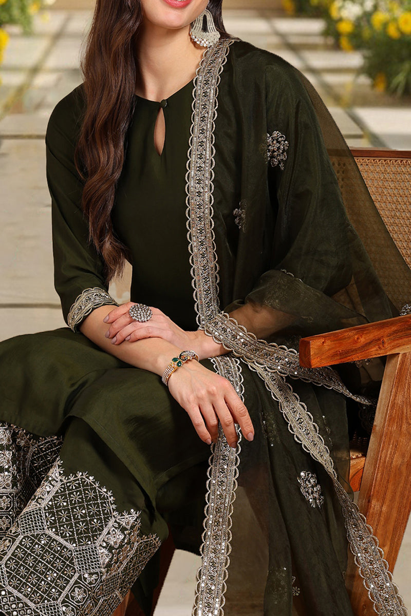 Olive Green Silk Blend Solid Straight Suit Set With Palazzo Style Bottom PKSKD2744