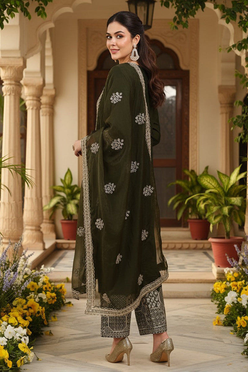 Olive Green Silk Blend Solid Straight Suit Set With Palazzo Style Bottom PKSKD2744
