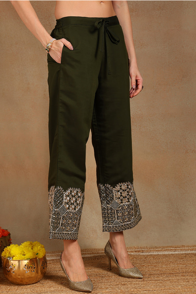 Olive Green Silk Blend Solid Straight Suit Set With Palazzo Style Bottom PKSKD2744