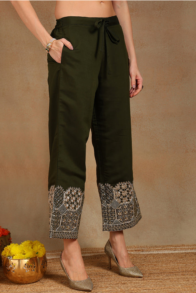 Olive Green Silk Blend Solid Straight Suit Set With Palazzo Style Bottom PKSKD2744