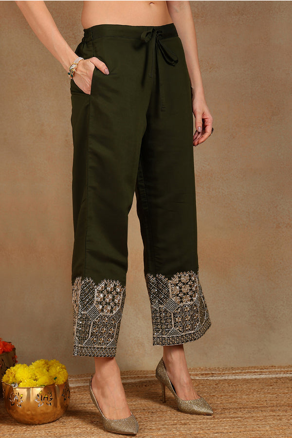 Olive Green Silk Blend Solid Straight Suit Set With Palazzo Style Bottom PKSKD2744