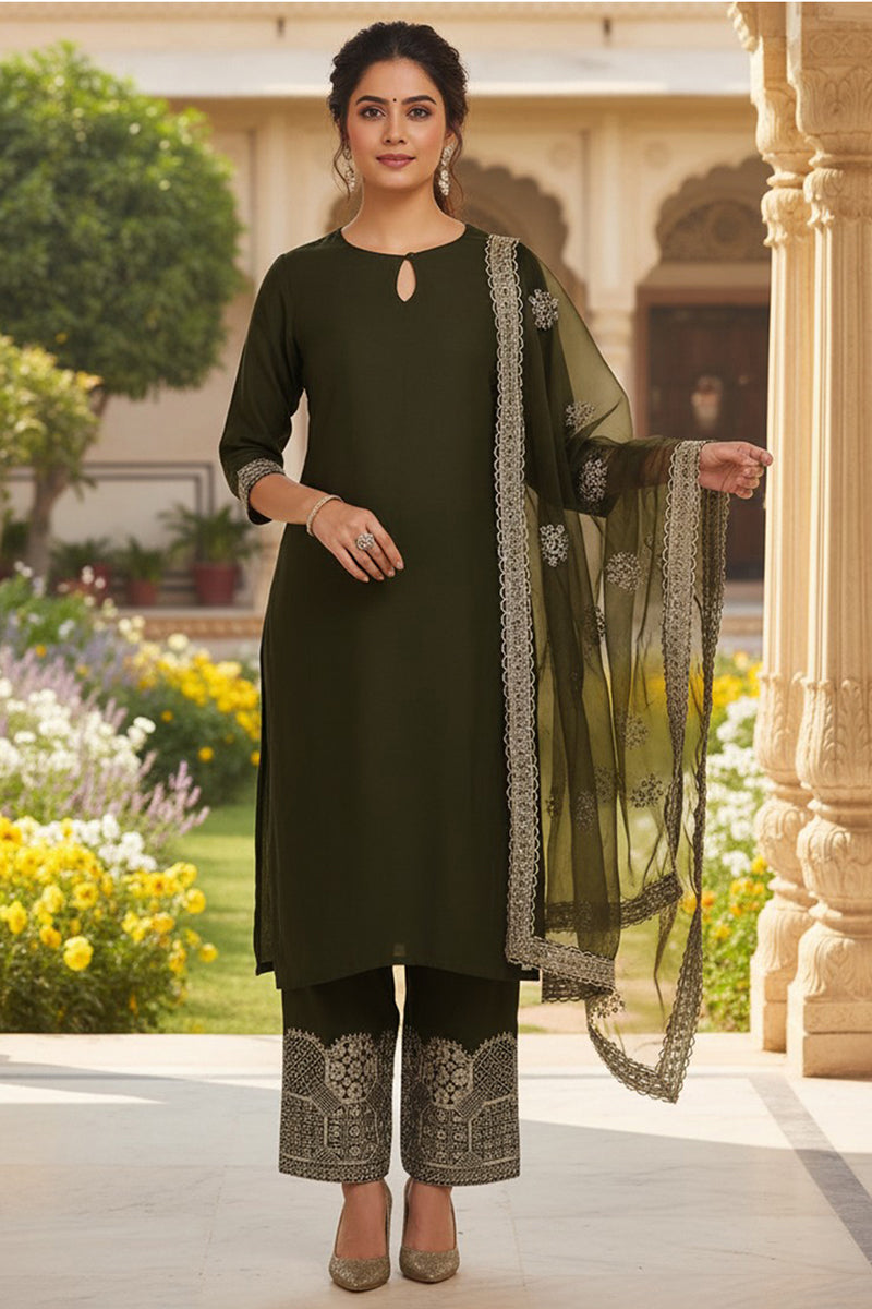 Olive Green Silk Blend Solid Straight Suit Set With Palazzo Style Bottom PKSKD2744