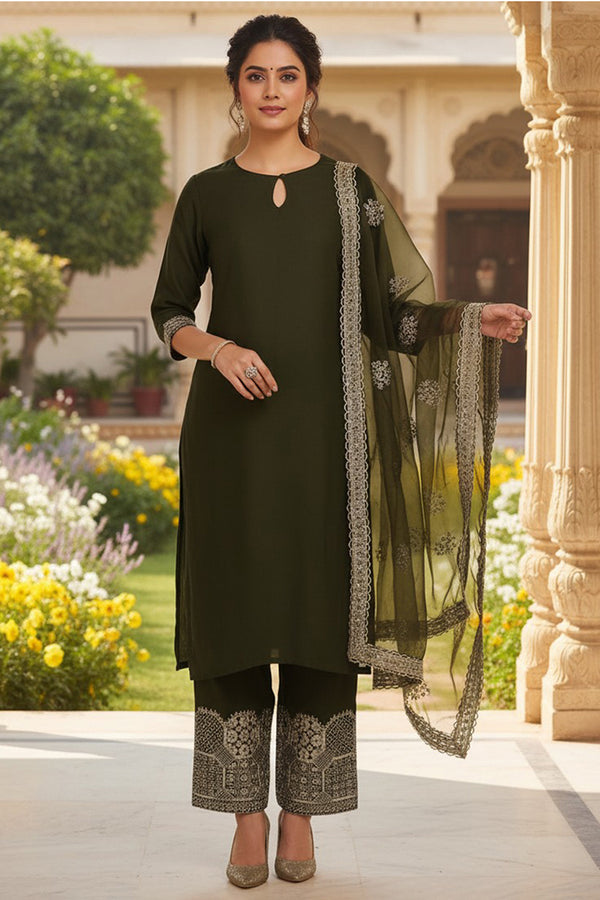 Olive Green Silk Blend Solid Straight Suit Set With Palazzo Style Bottom PKSKD2744