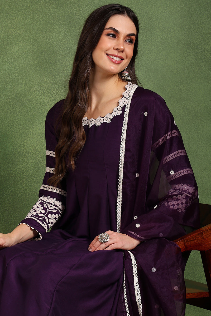 Purple Silk Blend Round Patti Anarkali Kurta & Trousers With Dupatta HOPPKSKD2758