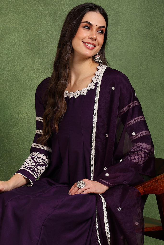 Purple Silk Blend Round Patti Anarkali Kurta & Trousers With Dupatta HOPPKSKD2758