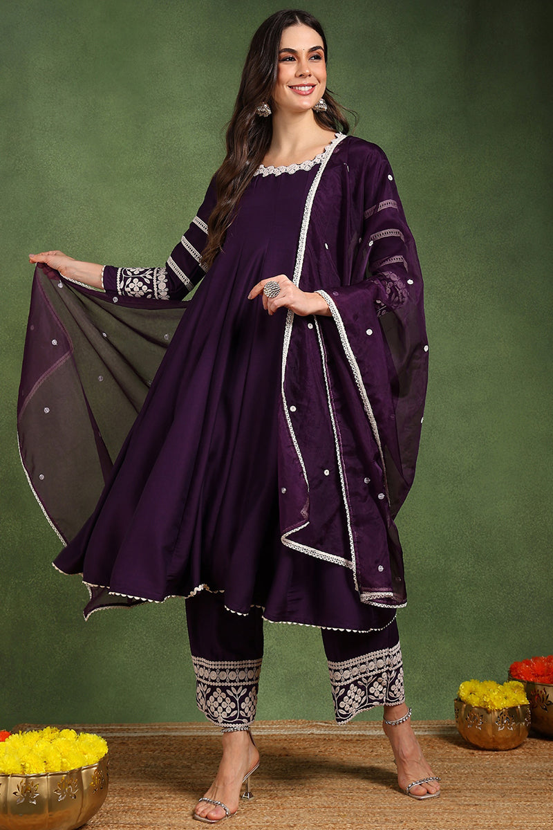 Purple Silk Blend Round Patti Anarkali Kurta & Trousers With Dupatta HOPPKSKD2758