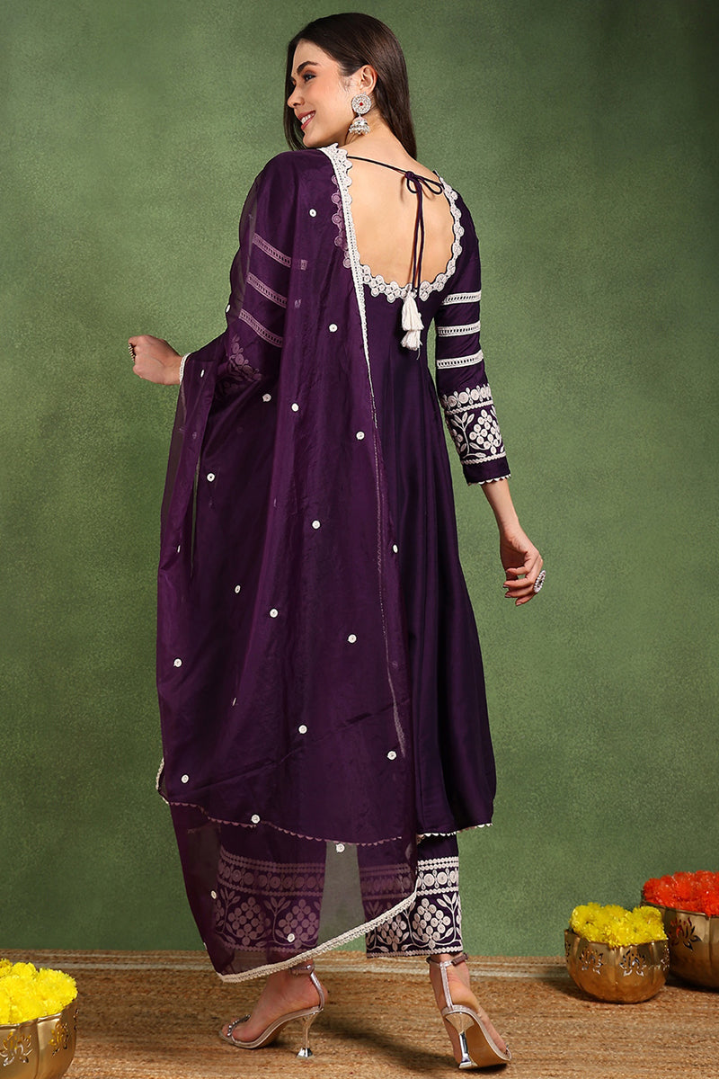 Purple Silk Blend Round Patti Anarkali Kurta & Trousers With Dupatta HOPPKSKD2758