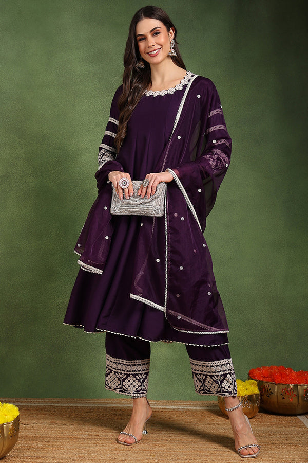 Purple Silk Blend Round Patti Anarkali Kurta & Trousers With Dupatta HOPPKSKD2758