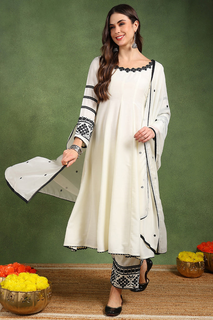 White Silk Blend Solid Embroidered Anarkali Suit Set PKSKD2761