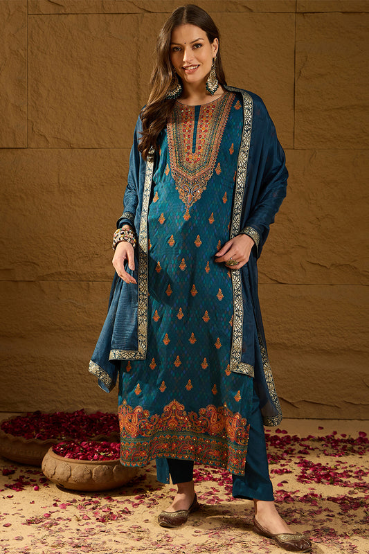 Blue Pure Silk Woven Design Straight Kurta Trousers With Dupatta HOPPKSKD2764