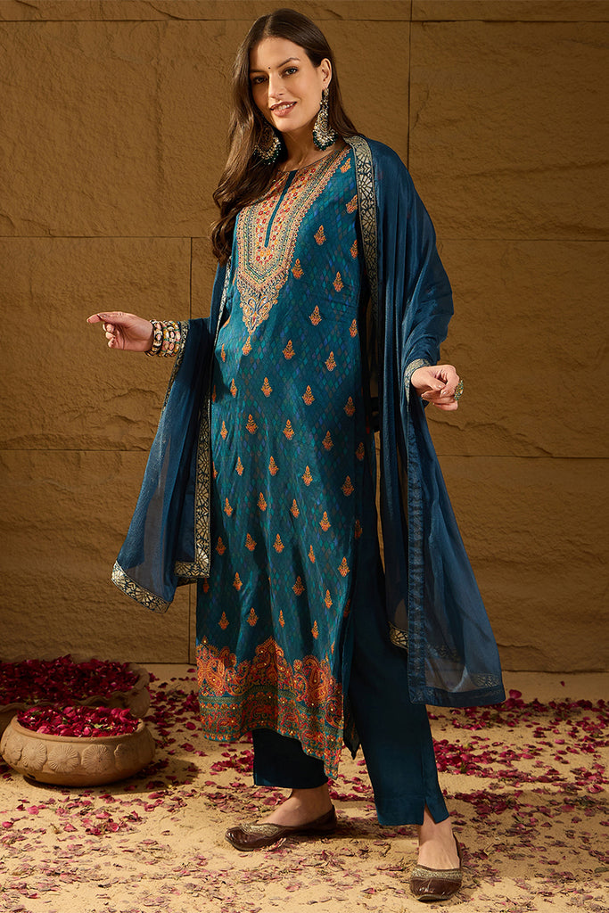 Blue Pure Silk Woven Design Straight Kurta Trousers With Dupatta HOPPKSKD2764
