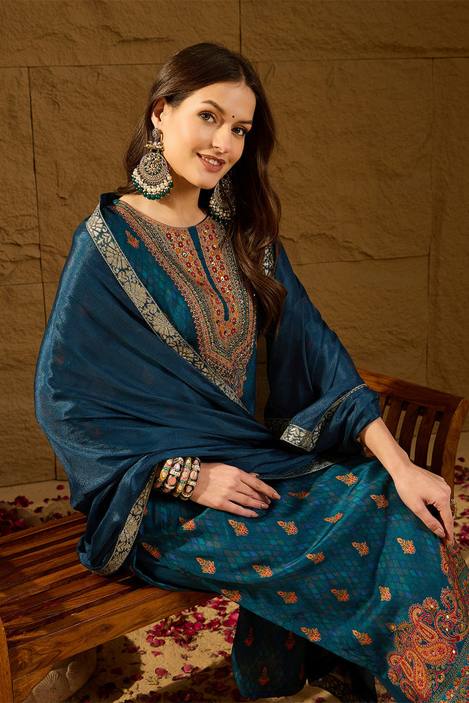 Blue Pure Silk Woven Design Straight Kurta Trousers With Dupatta HOPPKSKD2764
