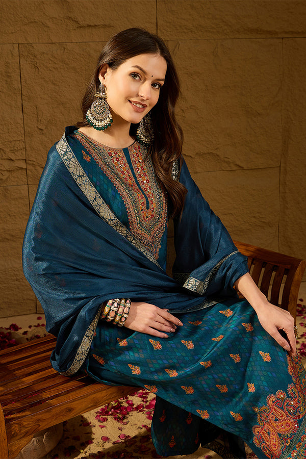 Blue Pure Silk Woven Design Straight Kurta Trousers With Dupatta HOPPKSKD2764