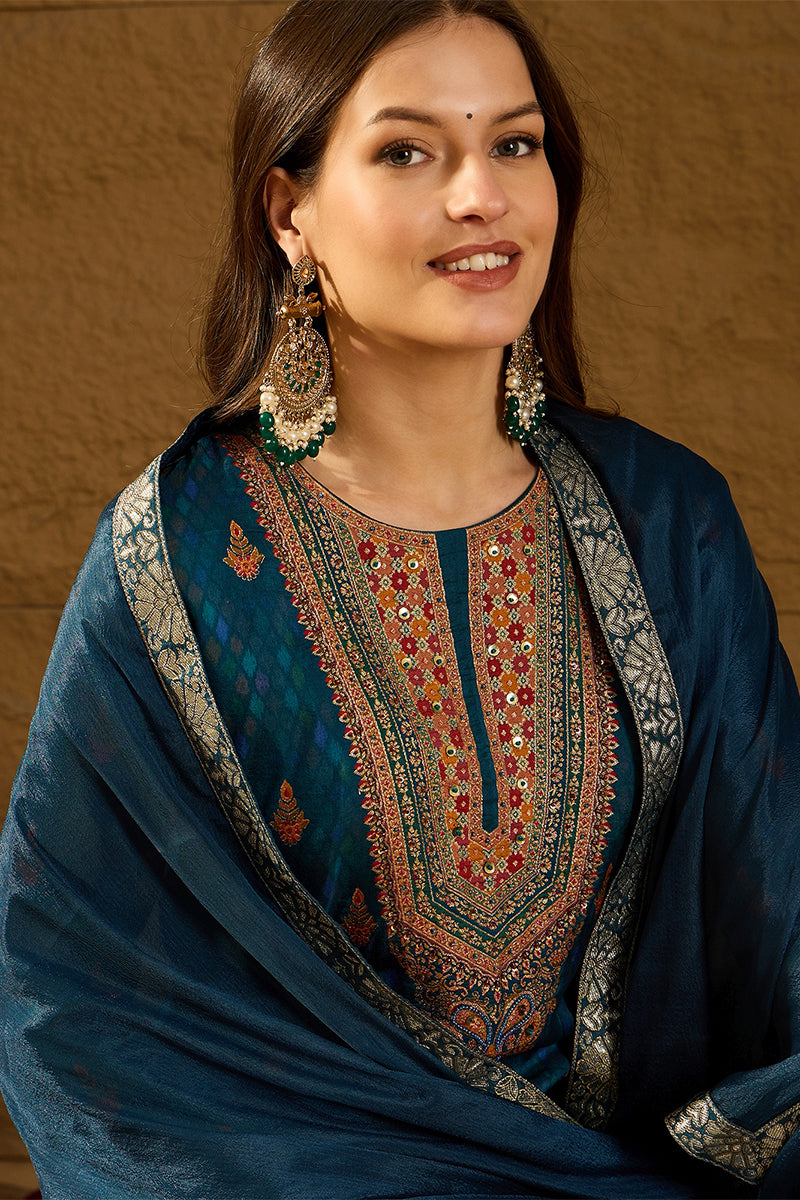 Blue Pure Silk Woven Design Straight Kurta Trousers With Dupatta HOPPKSKD2764
