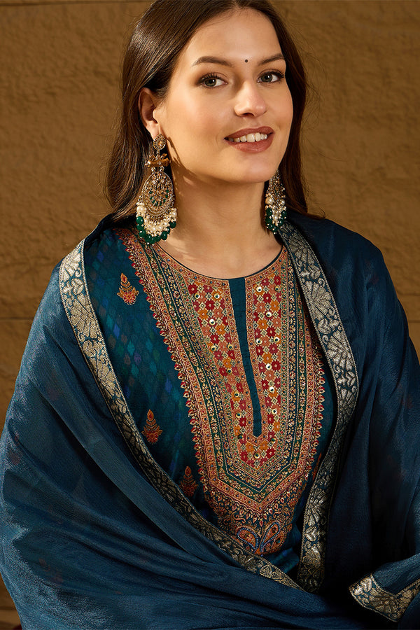 Blue Pure Silk Woven Design Straight Kurta Trousers With Dupatta HOPPKSKD2764