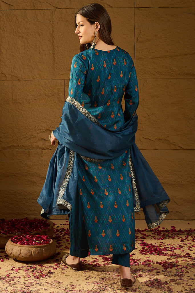 Blue Pure Silk Woven Design Straight Kurta Trousers With Dupatta HOPPKSKD2764
