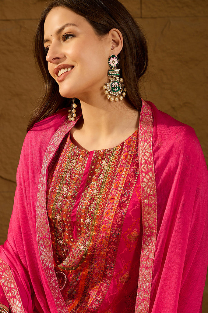 Pink Silk Ethnic Motifs Woven Design Straight Kurta Trousers With Dupatta HOPPKSKD2765