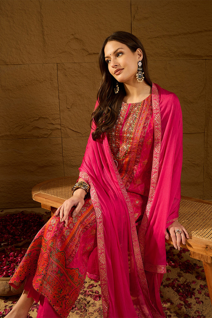 Pink Silk Ethnic Motifs Woven Design Straight Kurta Trousers With Dupatta HOPPKSKD2765