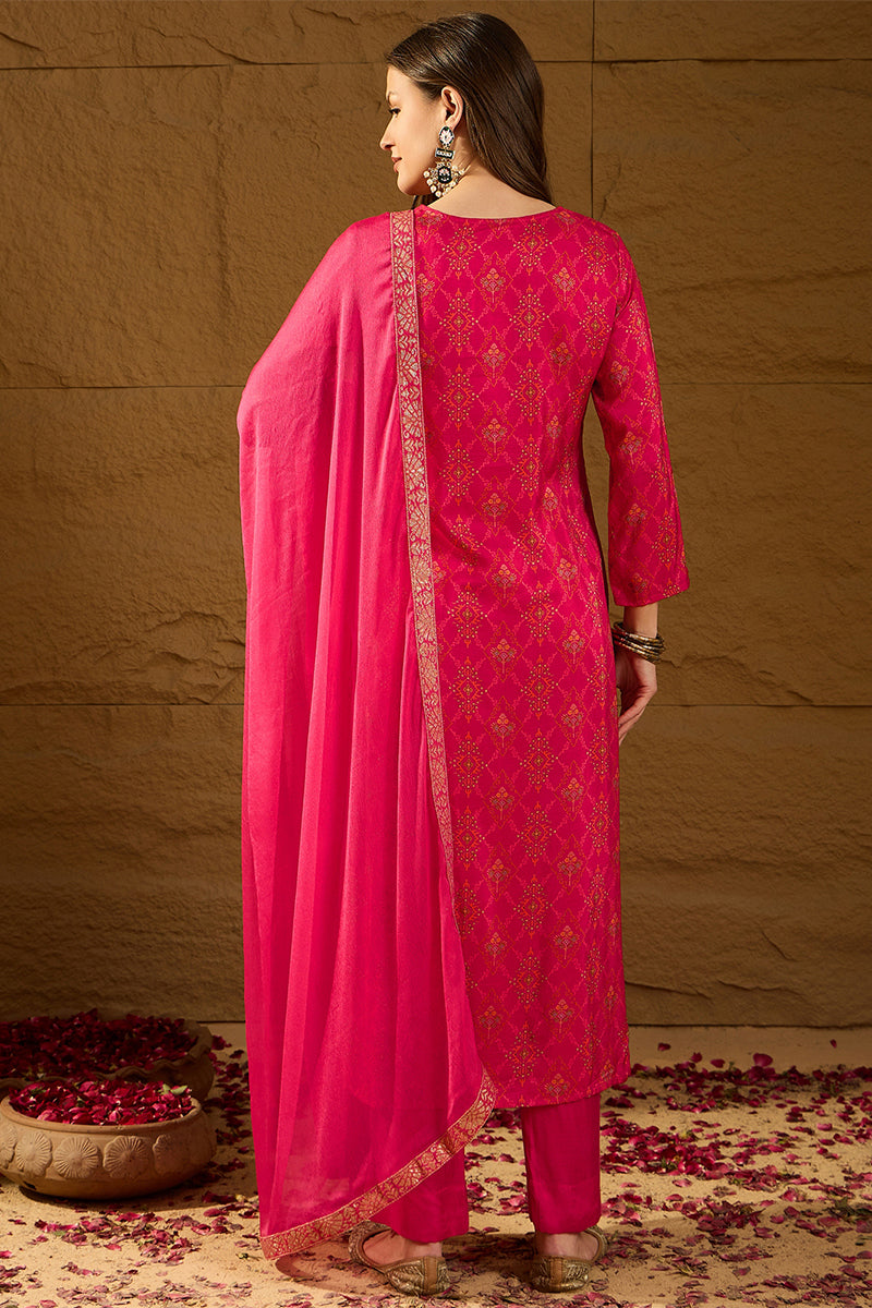 Pink Silk Ethnic Motifs Woven Design Straight Kurta Trousers With Dupatta HOPPKSKD2765