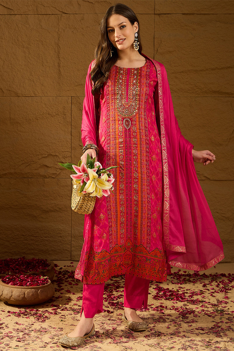 Pink Silk Ethnic Motifs Woven Design Straight Kurta Trousers With Dupatta HOPPKSKD2765