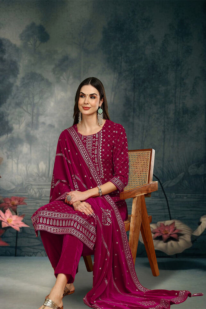 Pink Velvet Ethnic Motifs Printed Straight Suit Set PKSKD2766