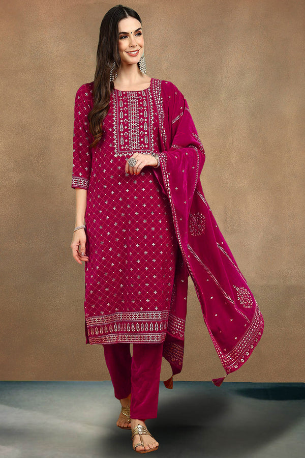 Pink Velvet Ethnic Motifs Printed Straight Suit Set PKSKD2766