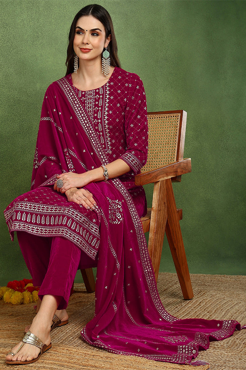 Pink Velvet Ethnic Motifs Printed Straight Suit Set PKSKD2766