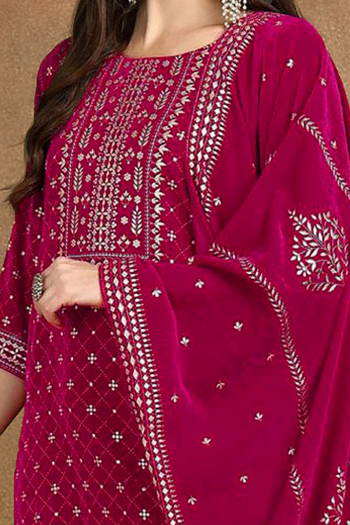 Pink Velvet Ethnic Motifs Printed Straight Suit Set PKSKD2766