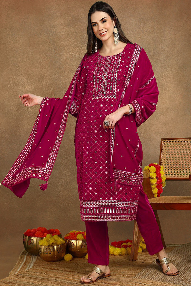 Pink Velvet Ethnic Motifs Printed Straight Suit Set PKSKD2766