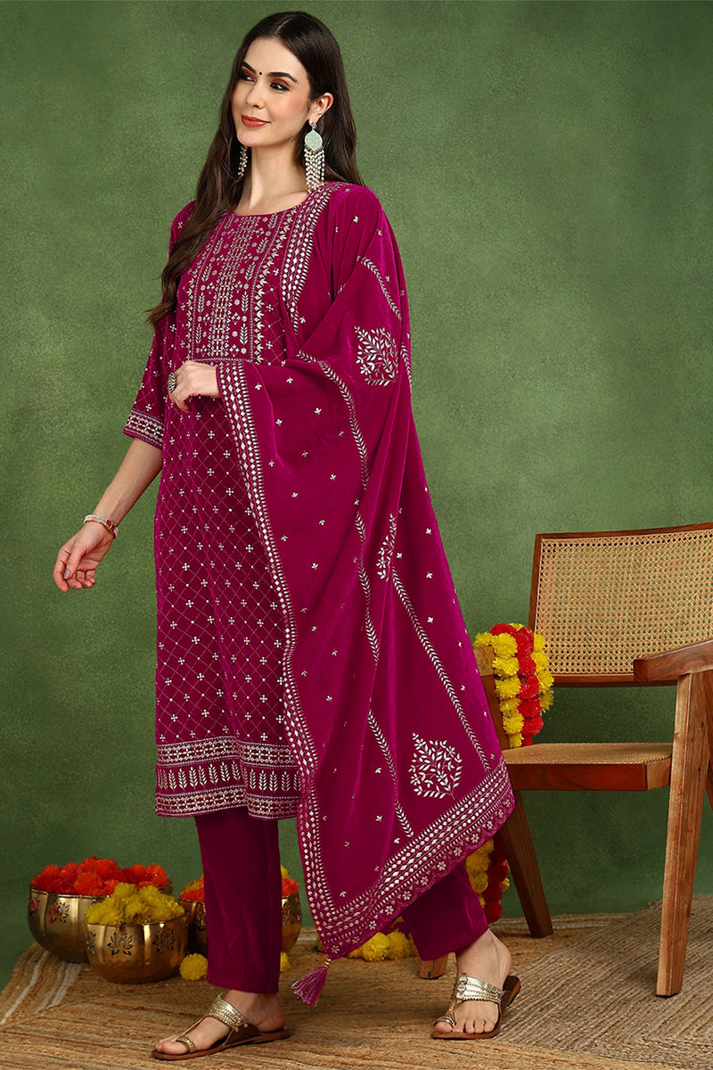 Pink Velvet Ethnic Motifs Printed Straight Suit Set PKSKD2766