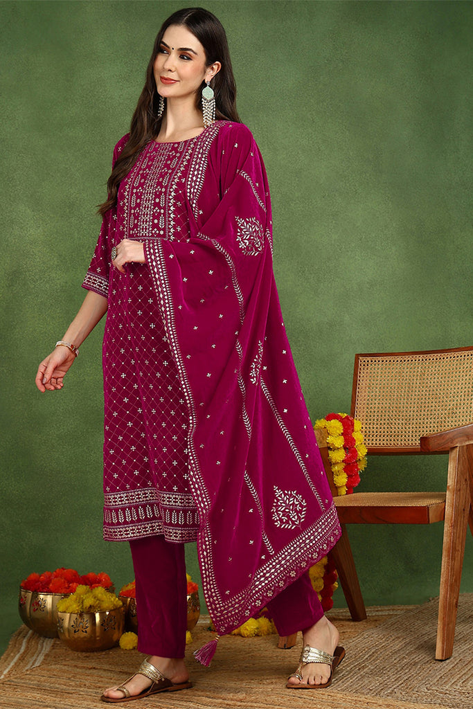 Pink Velvet Ethnic Motifs Printed Straight Suit Set PKSKD2766