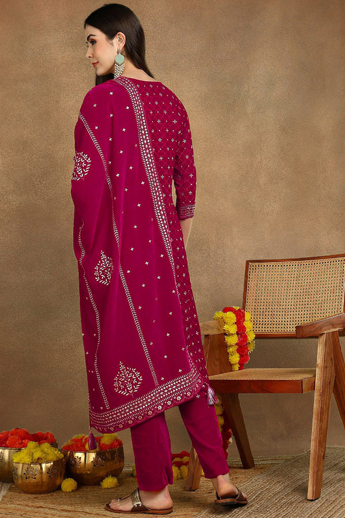 Pink Velvet Ethnic Motifs Printed Straight Suit Set PKSKD2766