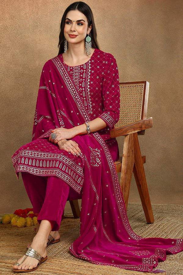 Pink Velvet Ethnic Motifs Printed Straight Suit Set PKSKD2766