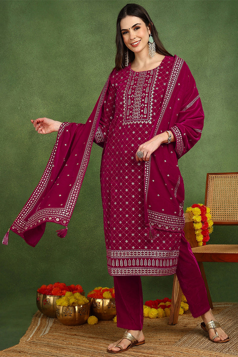 Pink Velvet Ethnic Motifs Printed Straight Suit Set PKSKD2766