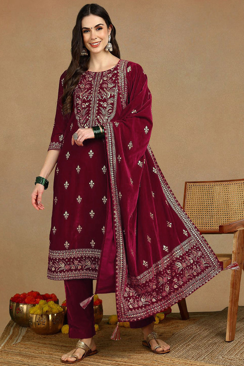 Red Velvet Ethnic Motifs Printed Straight Suit Set PKSKD2767
